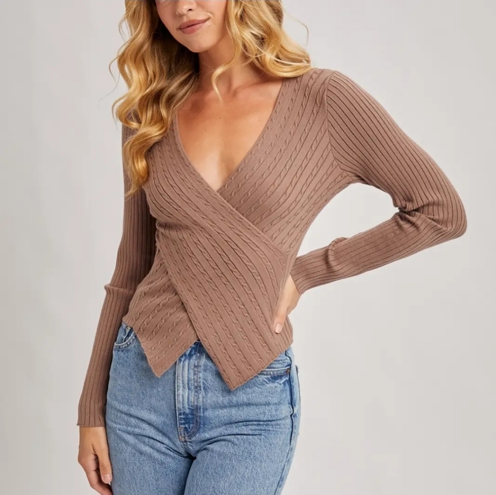 V-Neck Fixed-Wrap Knit Sweater Top